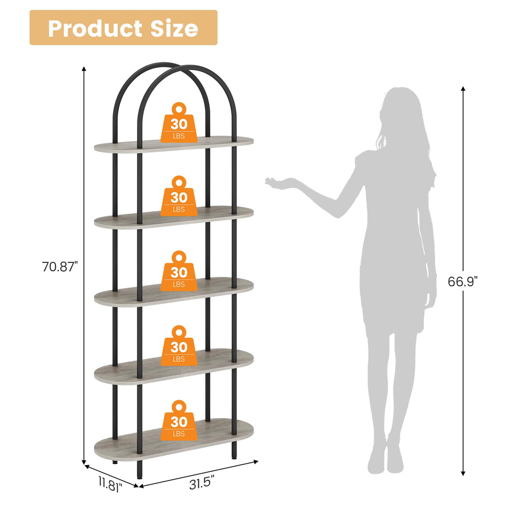 5-Tier Open Arched Bookshelf with Metal Frame J52125