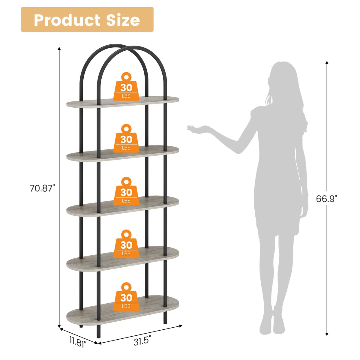 5-Tier Open Arched Bookshelf with Metal Frame J52125