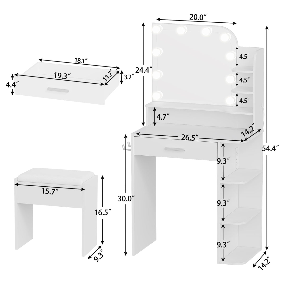White Small Vanity Set with Chair, Mirror & Lights X1683