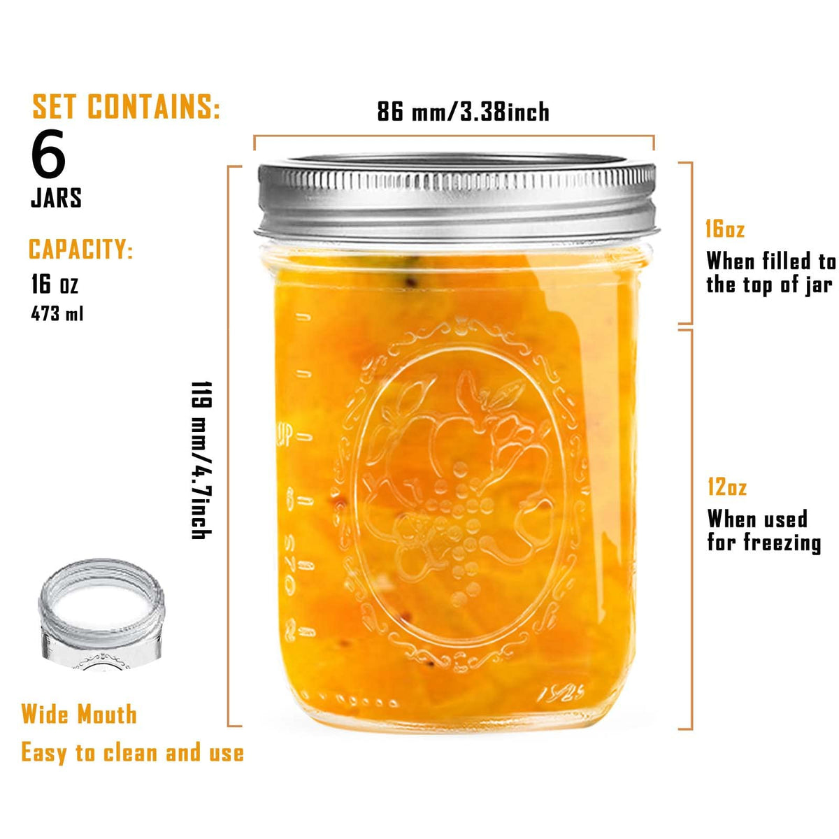 16 oz Wide Mouth Glass Mason Jars with Lids, 6 Pack G215
