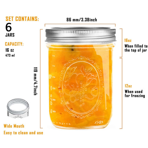16 oz Wide Mouth Glass Mason Jars with Lids, 6 Pack G215