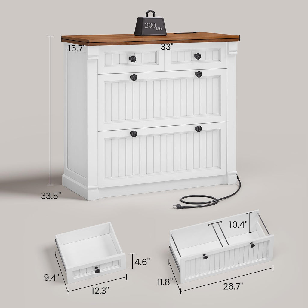 White Brown 4 Drawer Wood File Cabinet with Power Outlets Y529889