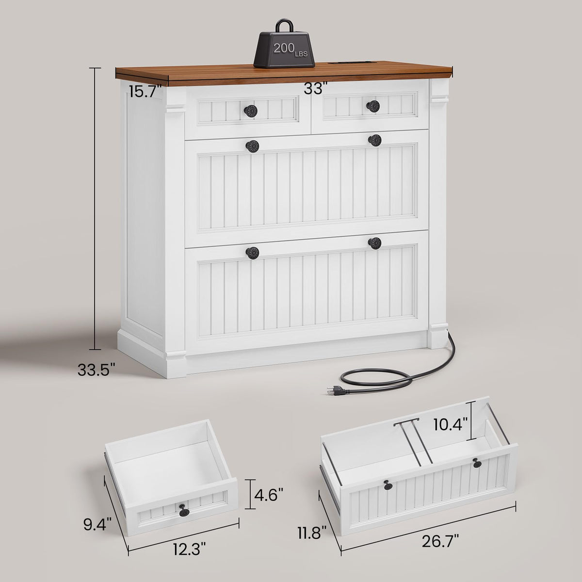 White Brown 4 Drawer Wood File Cabinet with Power Outlets Y529889