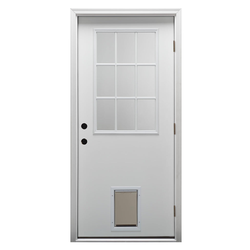 Primed Left Hand Outswing 9 Lite Prehung Front Door with Pet Door R2621