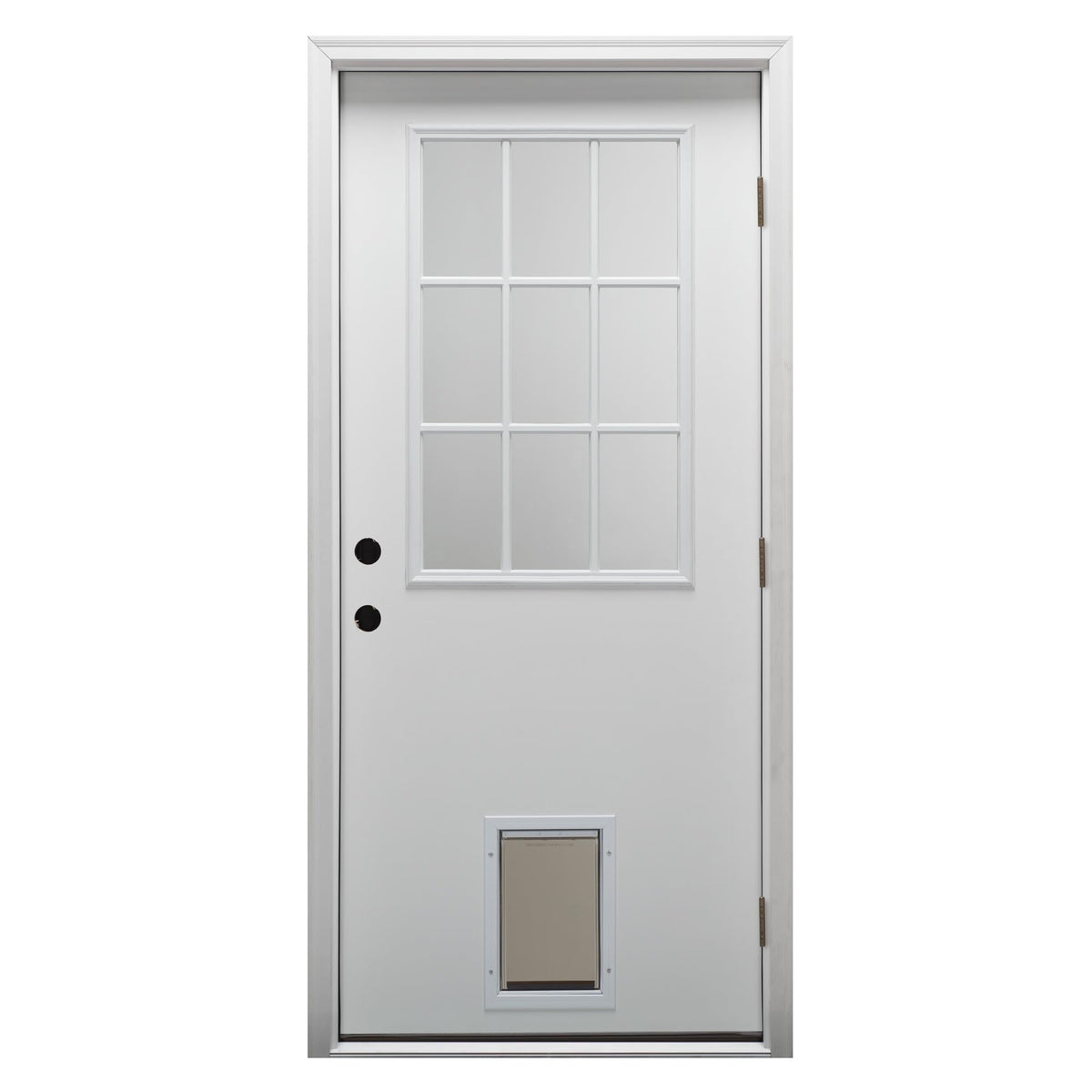 Primed Left Hand Outswing 9 Lite Prehung Front Door with Pet Door R2621