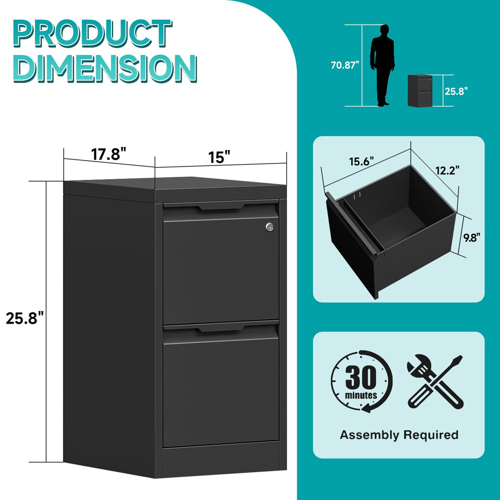 2 Drawer Black Metal File Cabinet with Lock N481