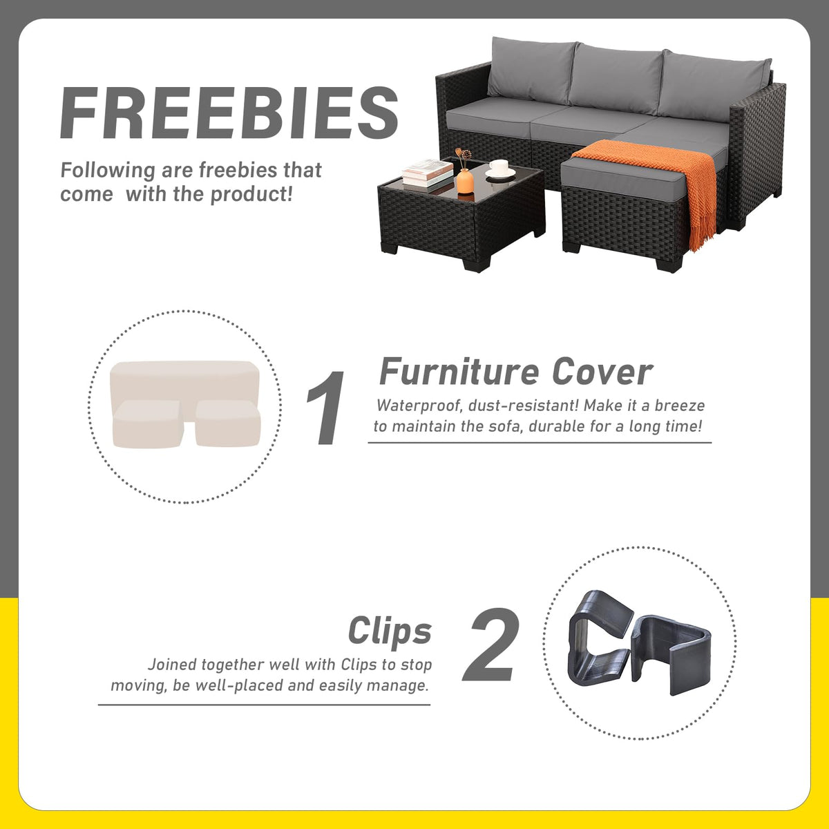 3 Pieces Wicker Outdoor Sectional with Ottoman and Glass Table J9912