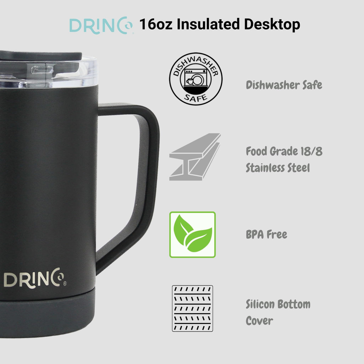 16 oz Black Vacuum Insulated Stainless Steel Travel Mug with Lid A702245