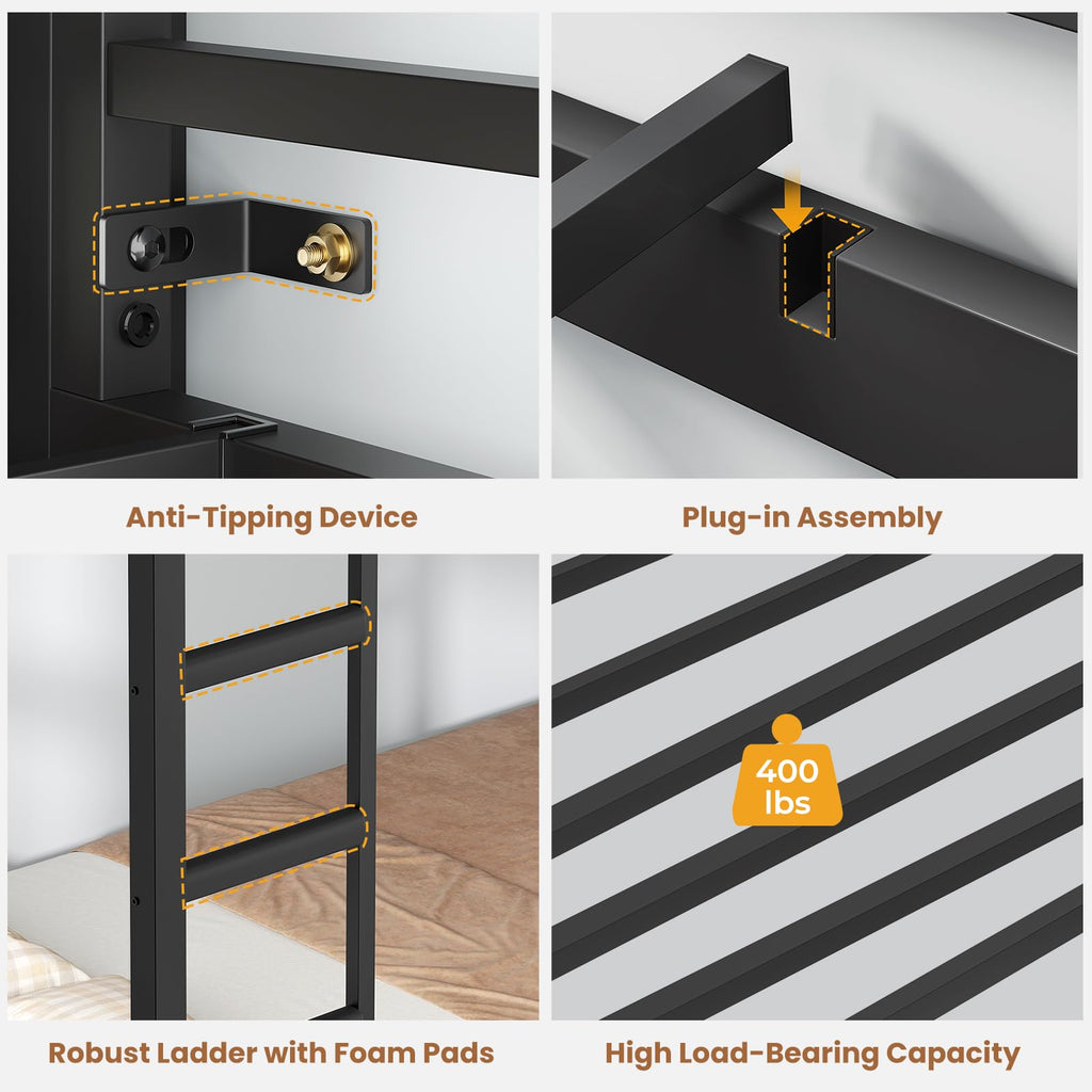 Twin Over Twin Bunk Bed with 8 Storage Drawers and Power Outlets, LED Metal Bunk Bed with Ladder, Black I802210