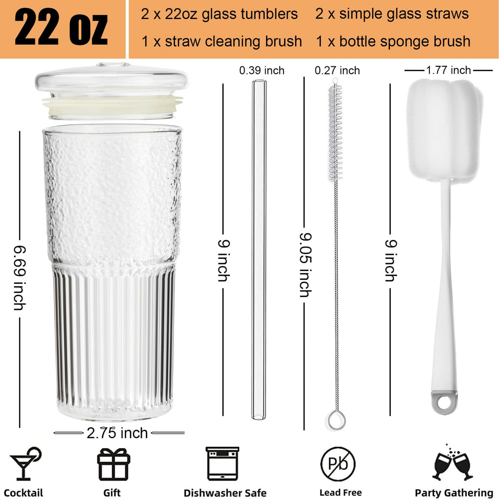 22 oz High Borosilicate Clear Glass Cups with Lids and Straws, Pack of 2 X189