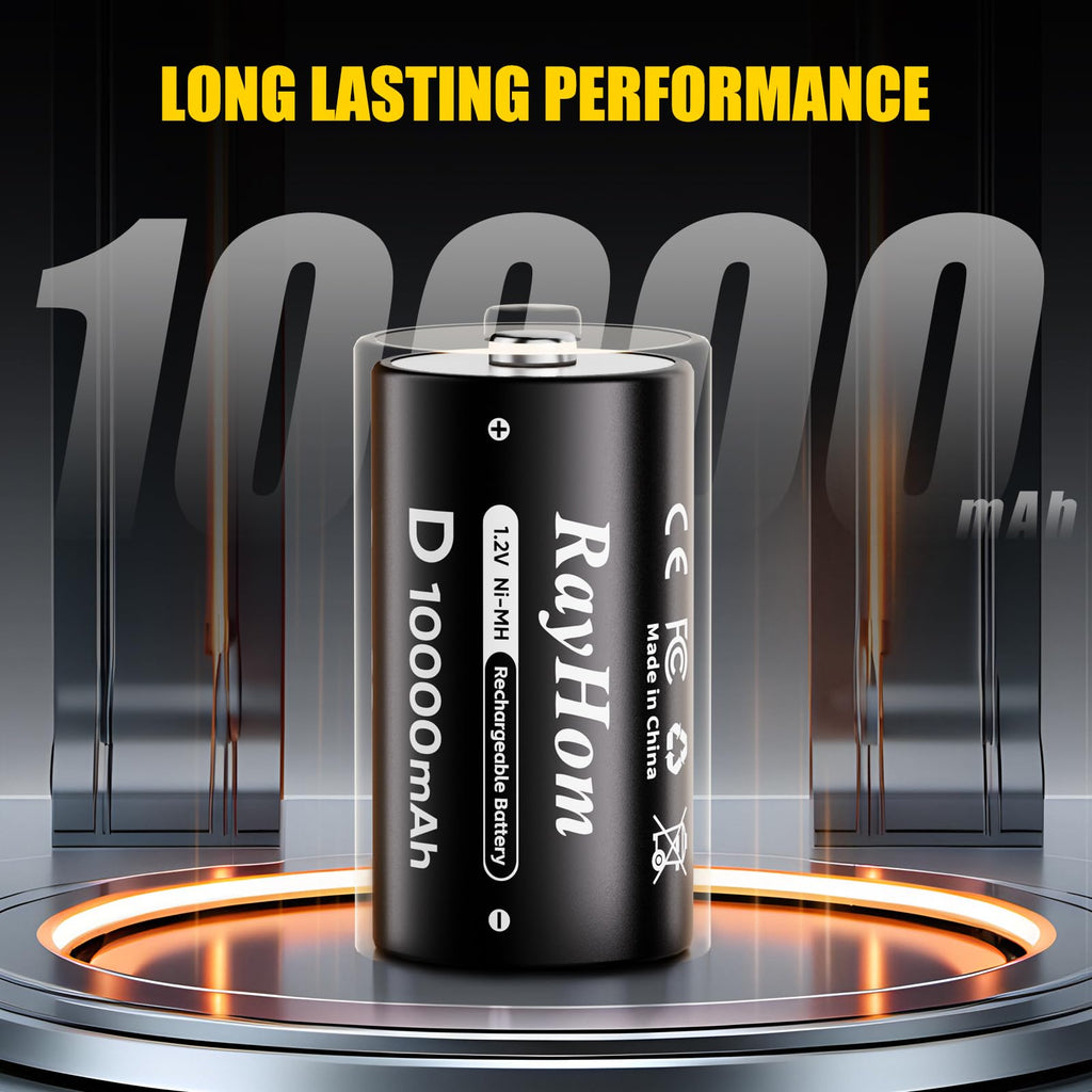 4 Pack 10000mAh Rechargeable D NiMH Batteries with 4 Slot Charger O432988