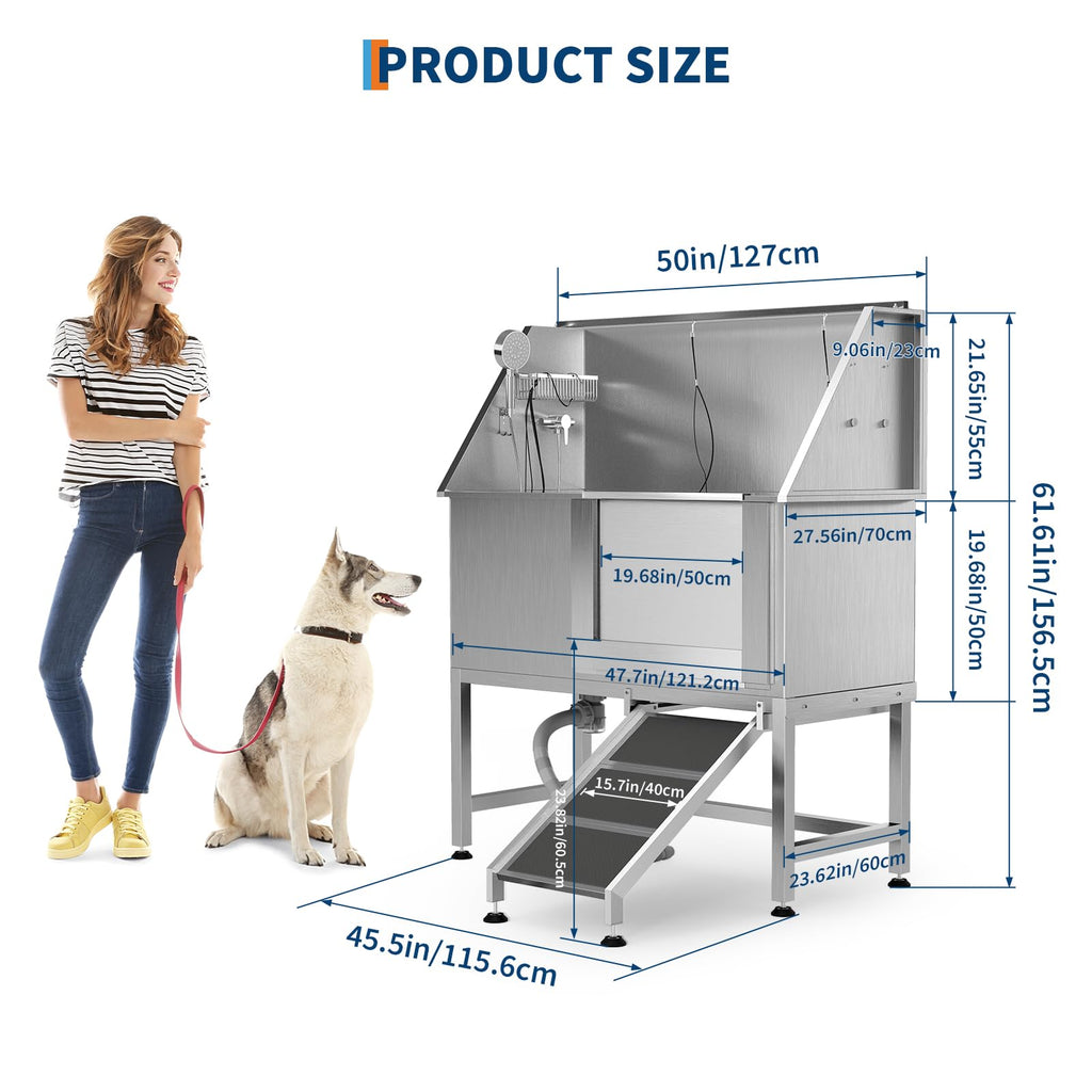 50" Stainless Steel Pet Bathing Tub with Sloped Ramp J456534
