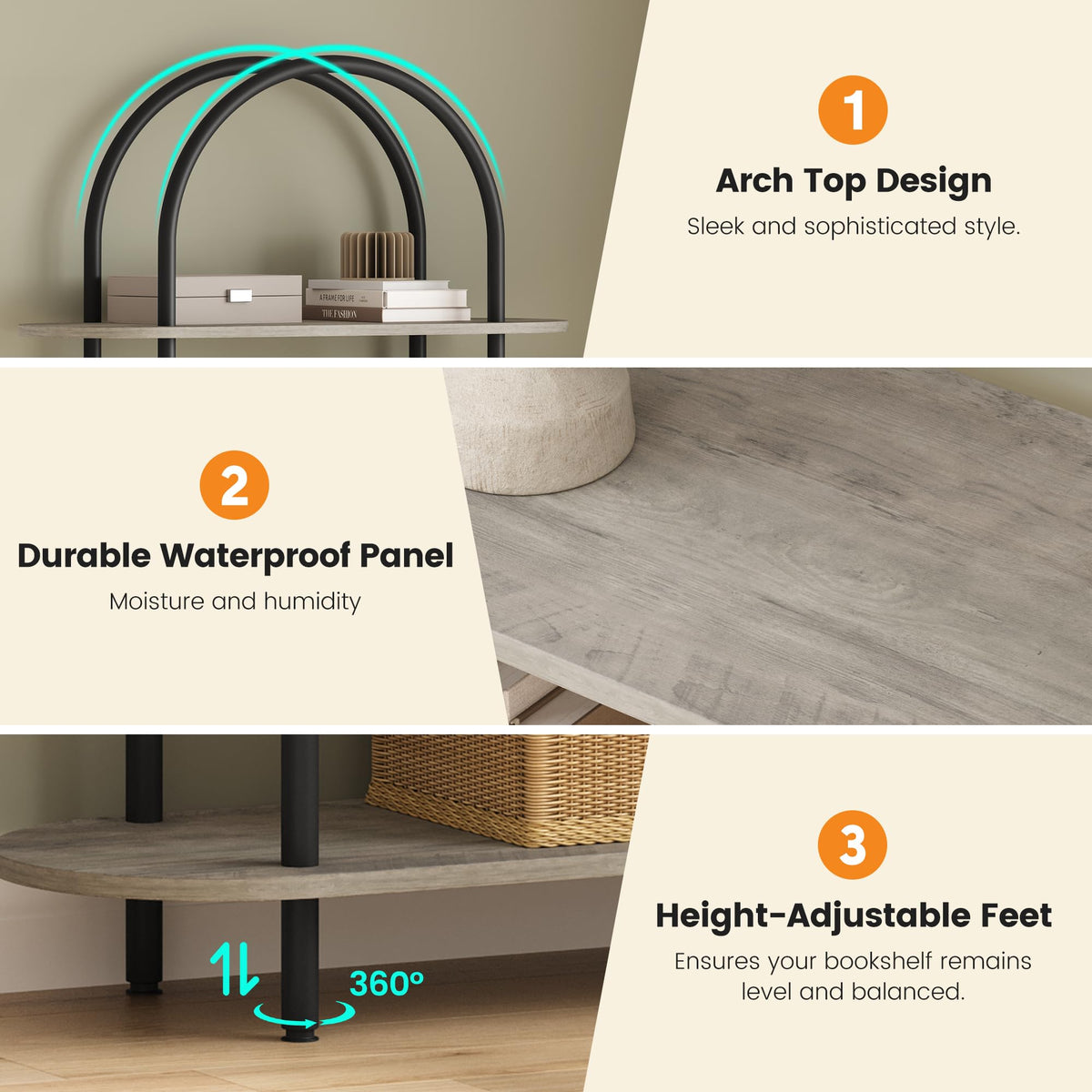 5-Tier Open Arched Bookshelf with Metal Frame J52125