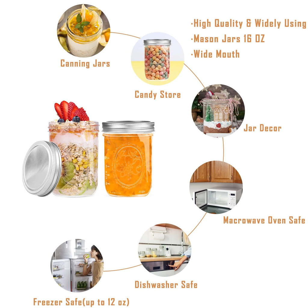 16 oz Wide Mouth Glass Mason Jars with Lids, 6 Pack G215