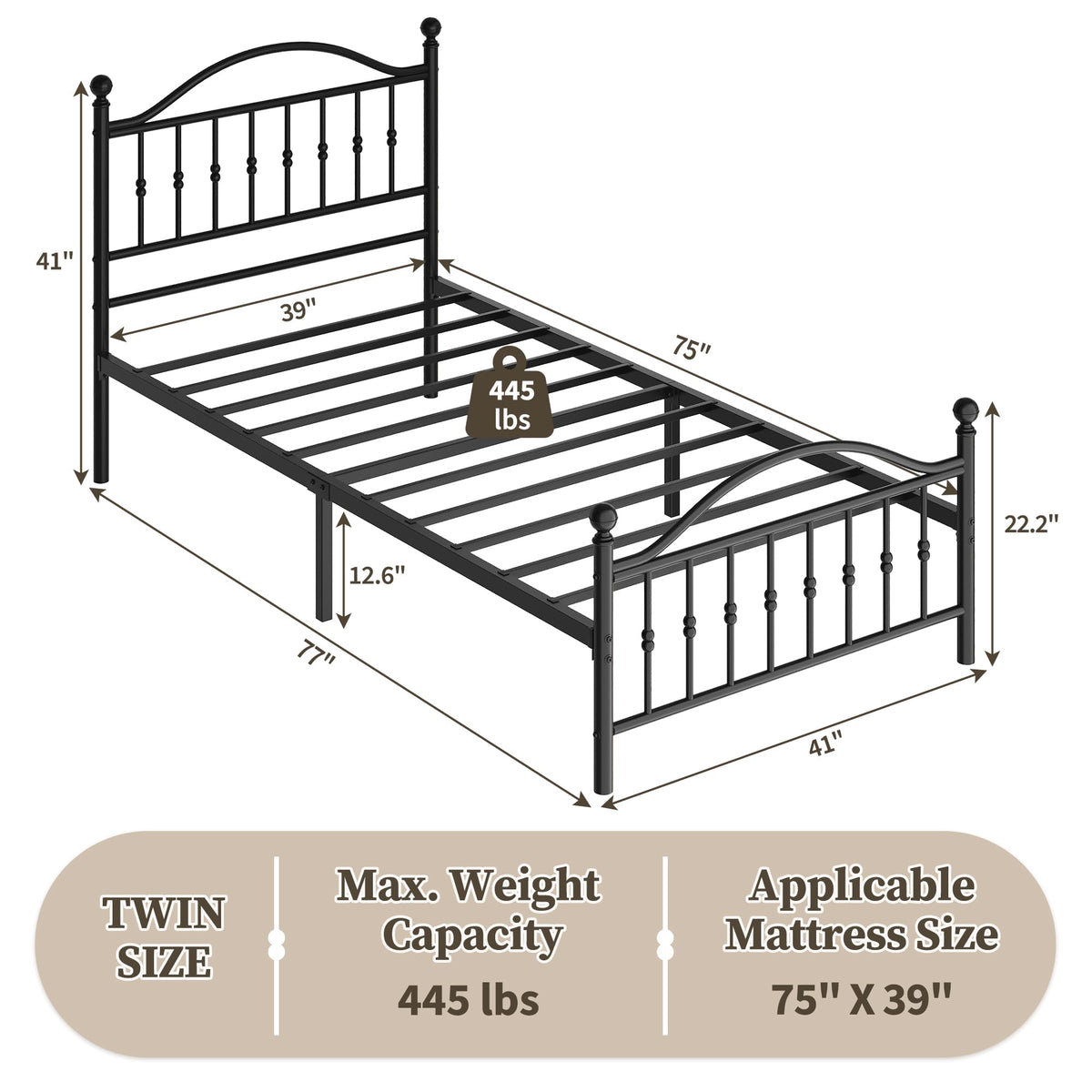 Twin Size Metal Platform Bed Frame with Headboard & Footboard P80661