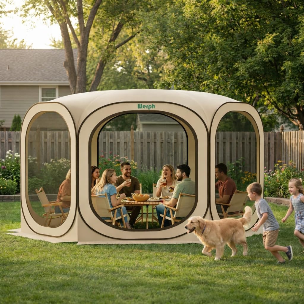 12x12 Pop Up Screen Tent, Mosquito Net Gazebo, UV Resistant, Beige F88056
