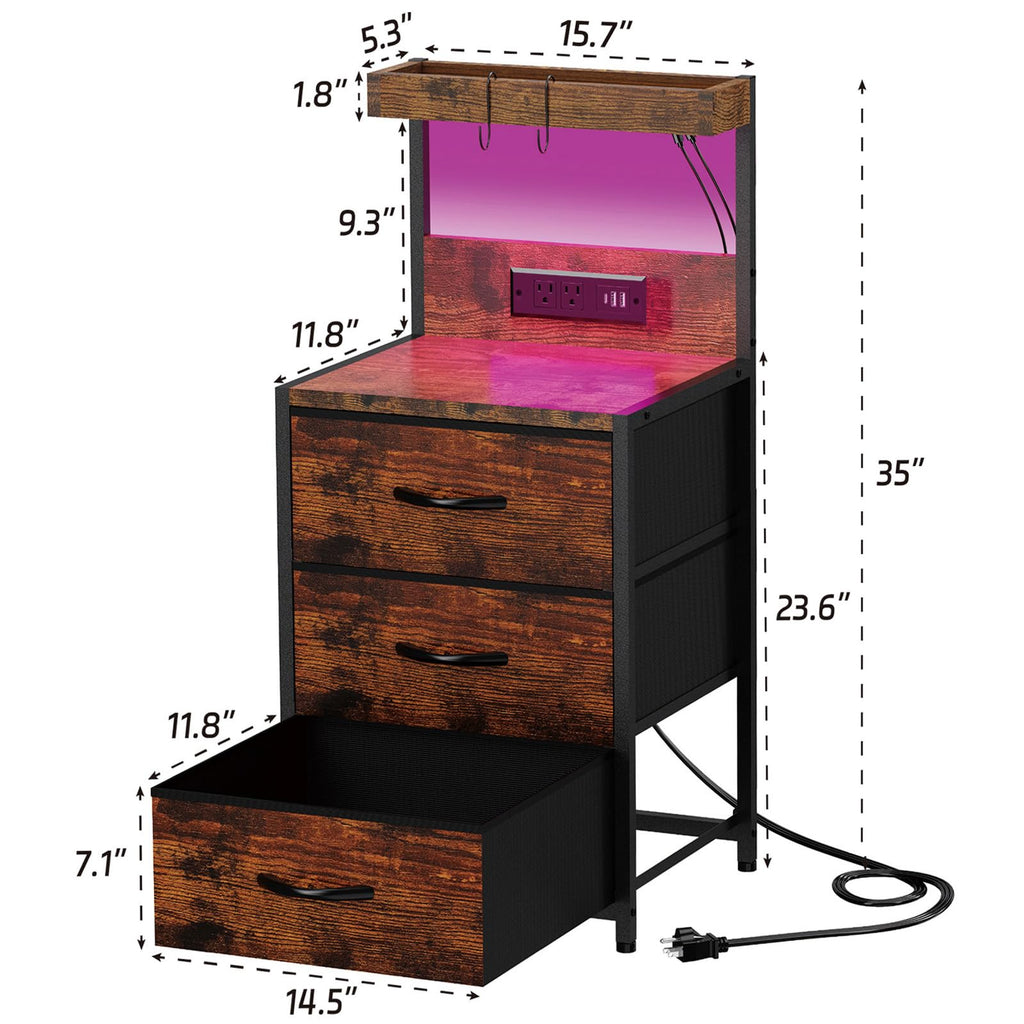 LED Nightstand with Charging Station 3 Fabric Drawers L283346