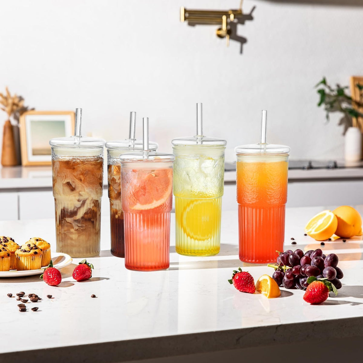 22 oz High Borosilicate Clear Glass Cups with Lids and Straws, Pack of 2 X189