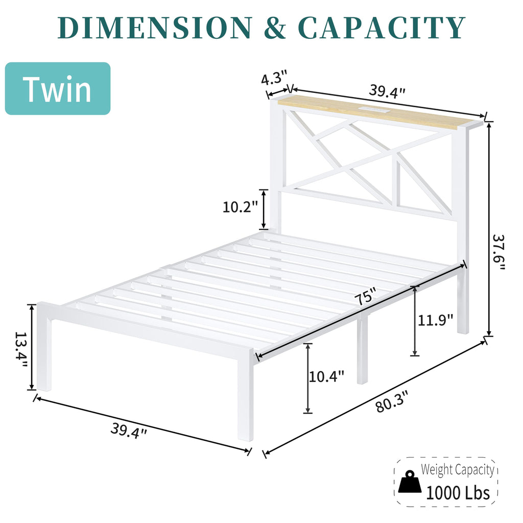 White Twin Metal Bed Frame with USB Charging Station M74879