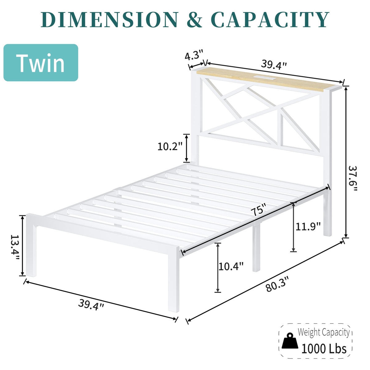 White Twin Metal Bed Frame with USB Charging Station M74879