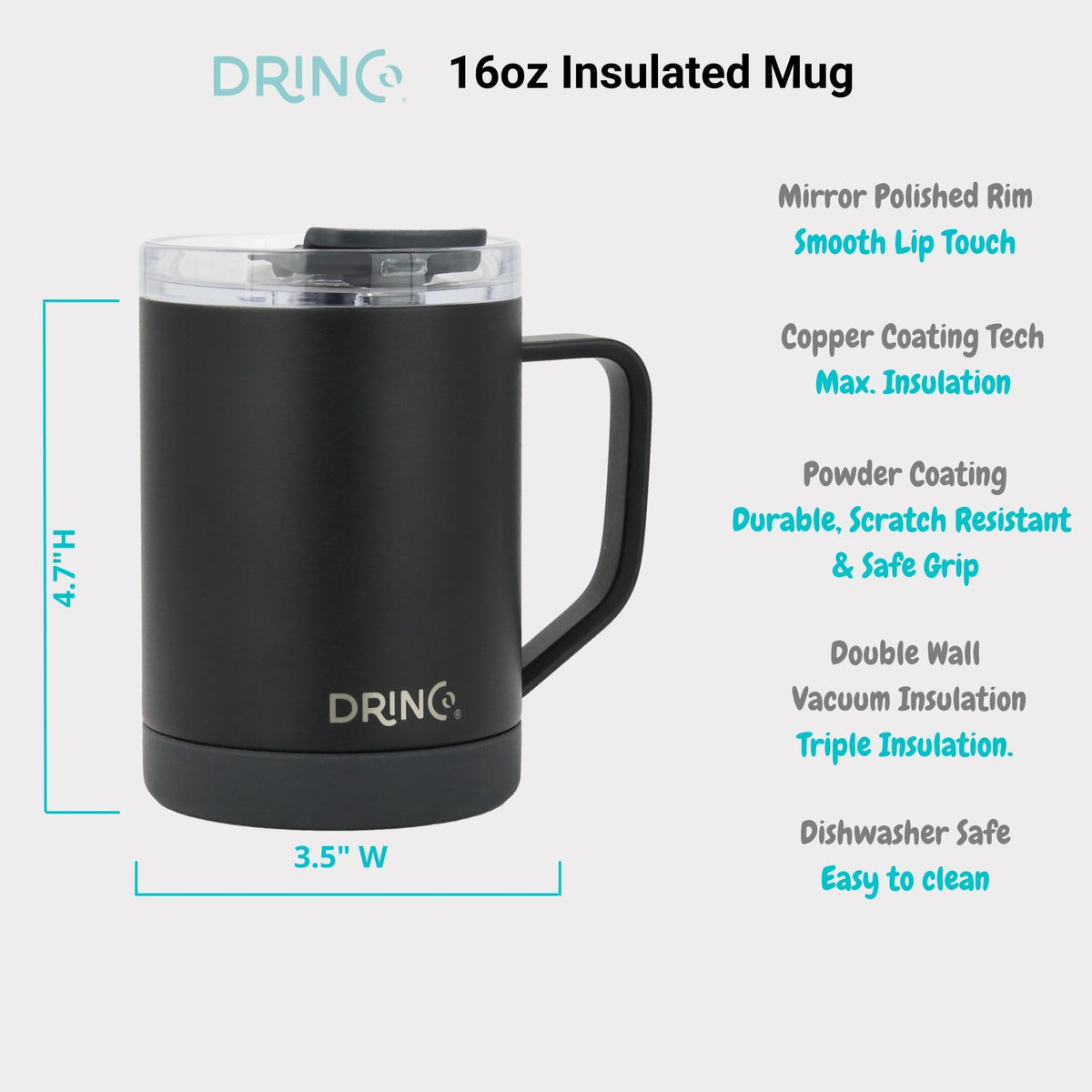 16 oz Black Vacuum Insulated Stainless Steel Travel Mug with Lid A702245