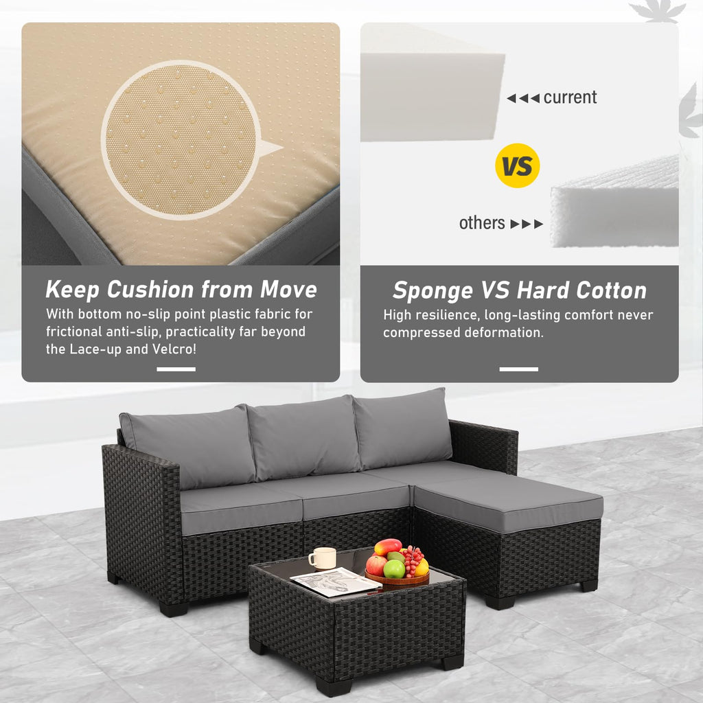 3 Pieces Wicker Outdoor Sectional with Ottoman and Glass Table J9912