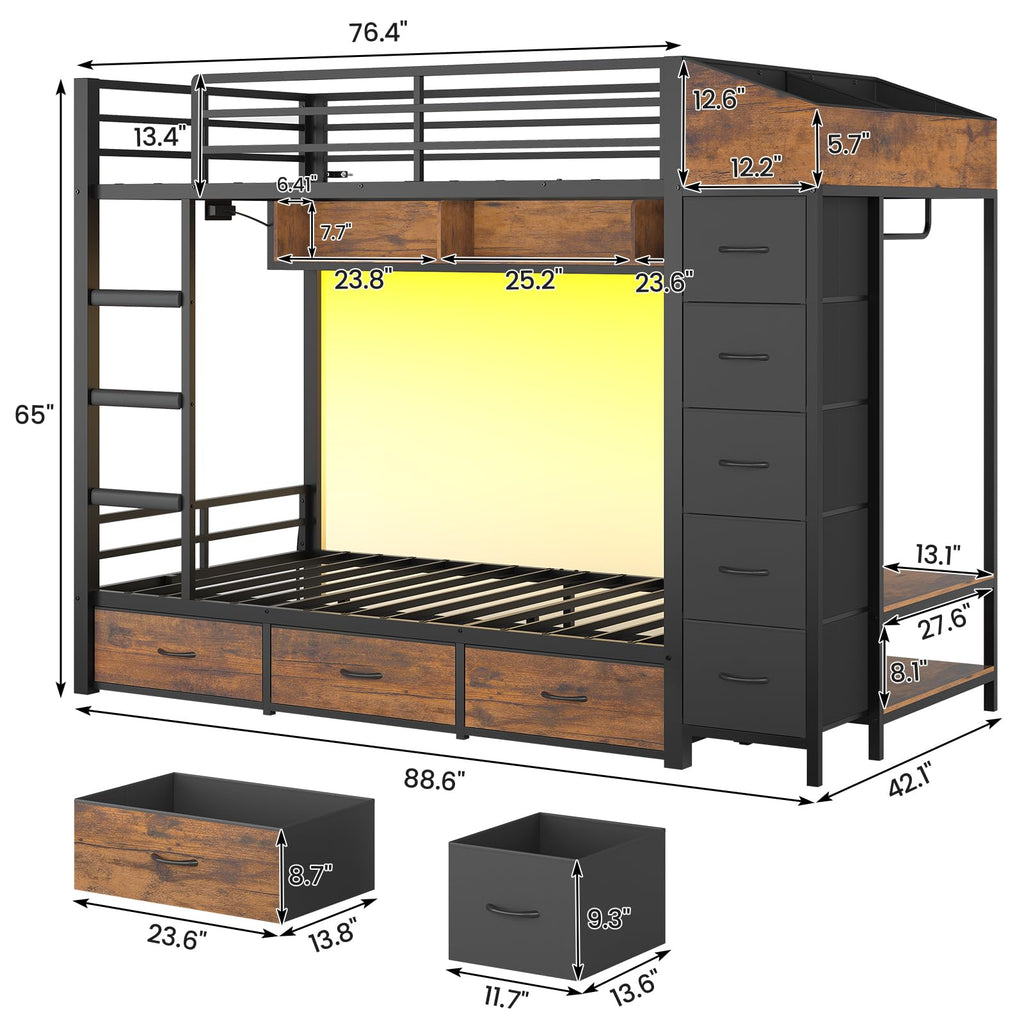 Twin Over Twin Bunk Bed with 8 Storage Drawers and Power Outlets, LED Metal Bunk Bed with Ladder, Black I802210