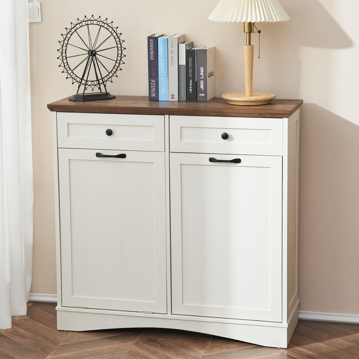 Antique White 2x13 Gallons Trash Can Cabinet W17579