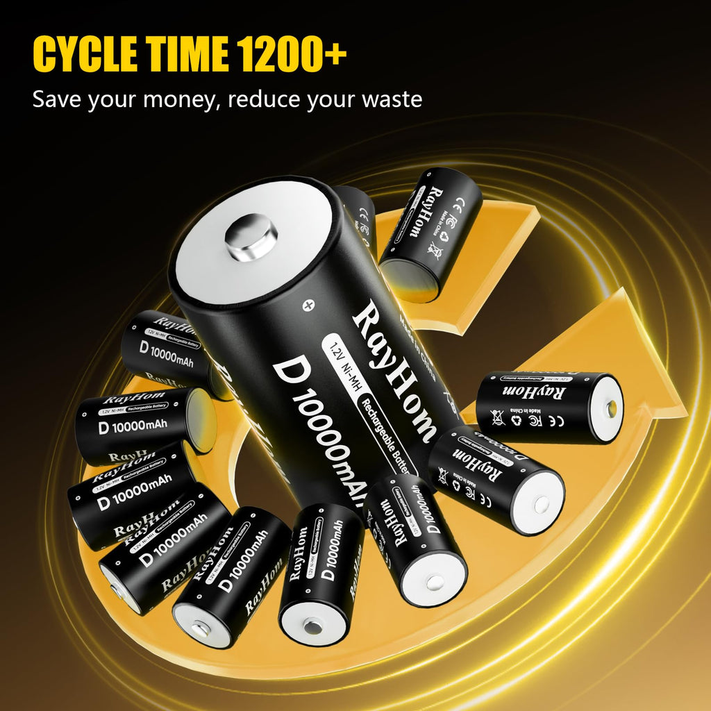 4 Pack 10000mAh Rechargeable D NiMH Batteries with 4 Slot Charger O432988