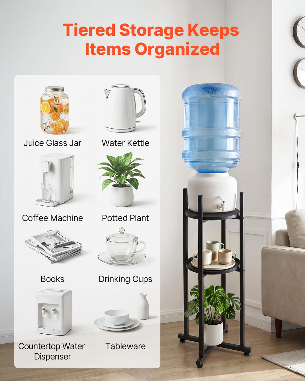 5 Gallon Heavy Duty Water Jug Stand with Storage Shelf V2848