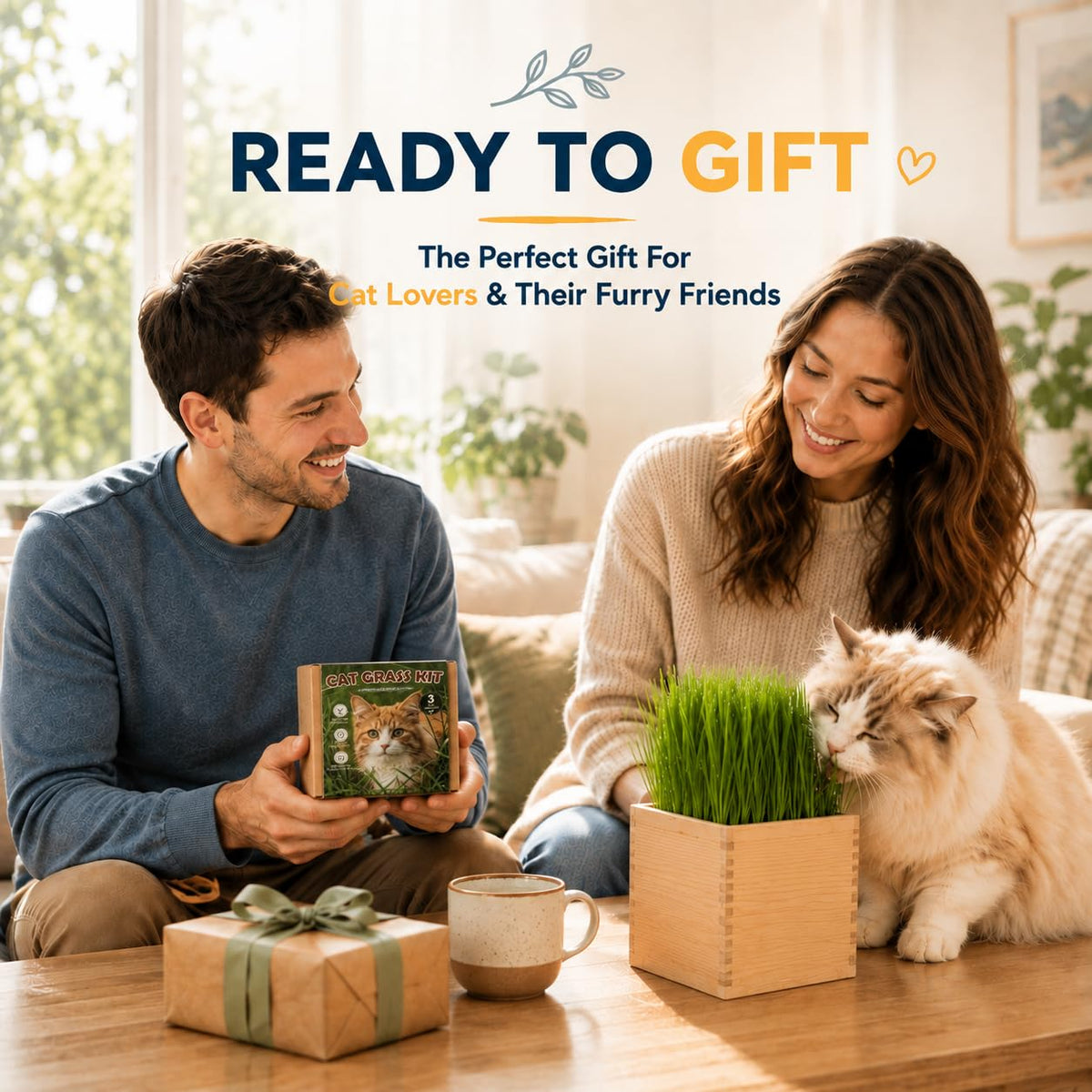 Cat Grass Growing Kit with Wooden Planter A2141