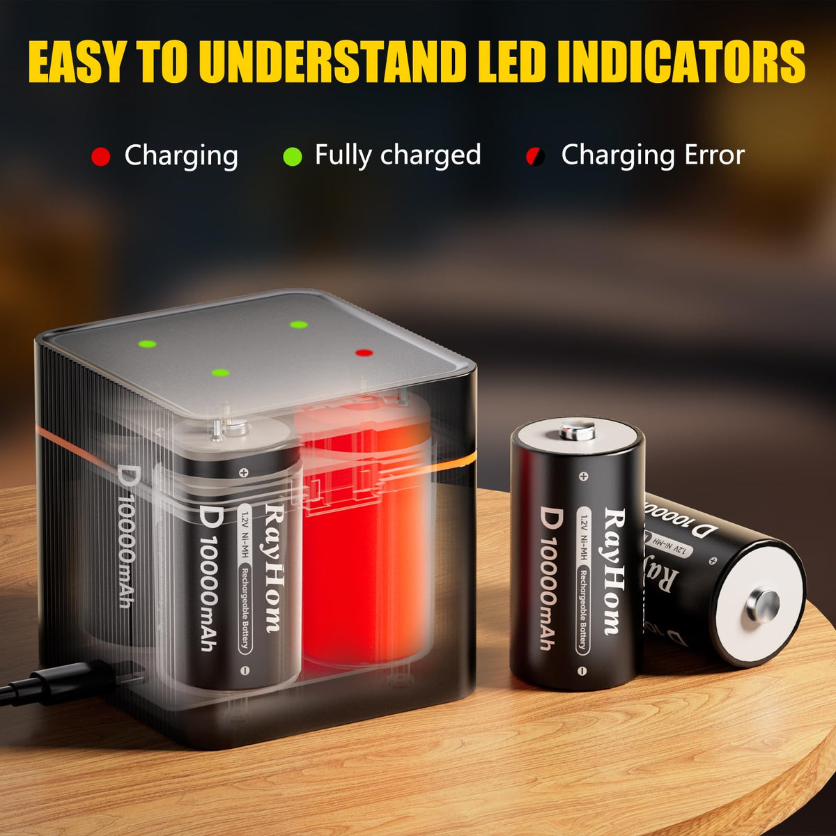 4 Pack 10000mAh Rechargeable D NiMH Batteries with 4 Slot Charger O432988