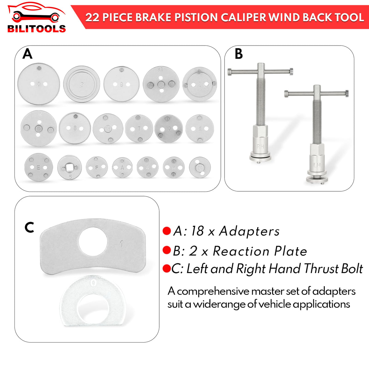 22-Piece Heavy Duty Brake Caliper Compression Tool with 18 Adapters B7771