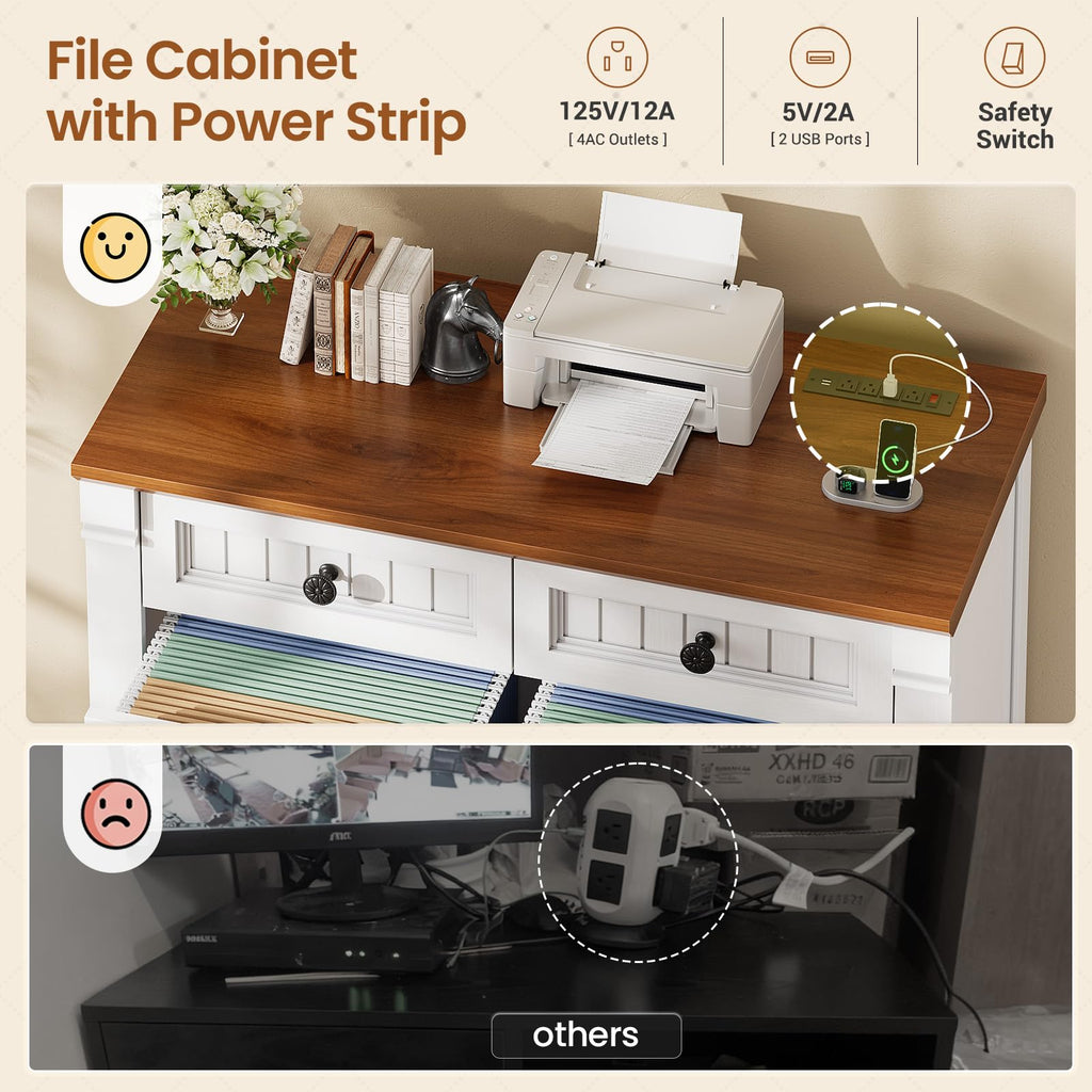 White Brown 4 Drawer Wood File Cabinet with Power Outlets Y529889