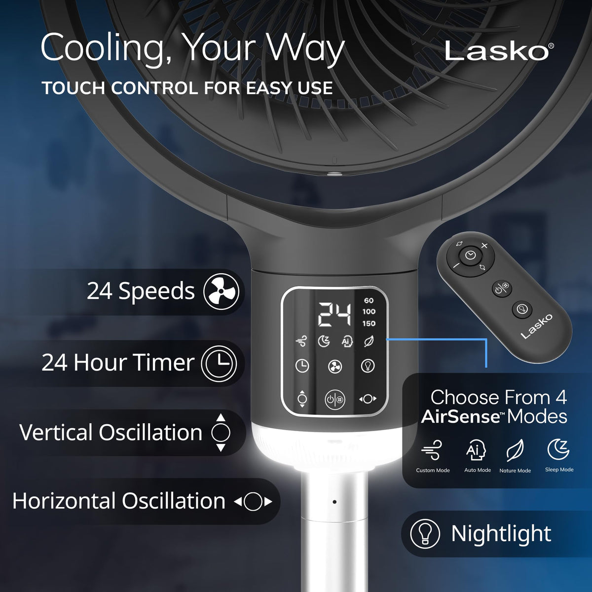 Pedestal Fan with Remote Control, Adjustable Height, Night Light, Gray D40246