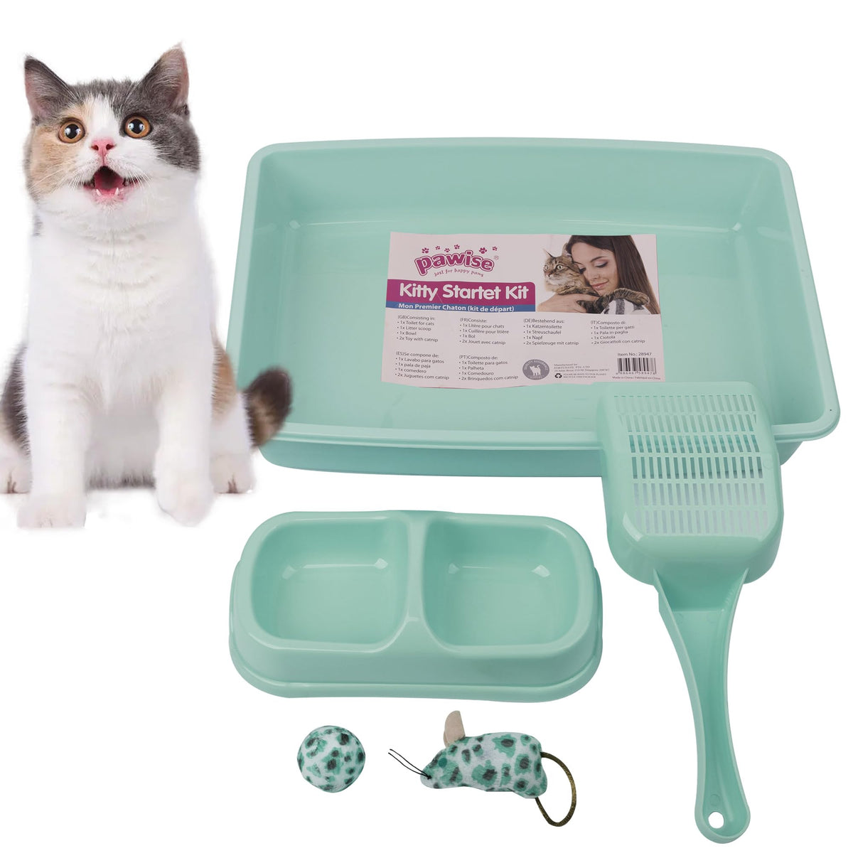 Small Cat Litter Box Starter Kit with Scoop, Bowls and Toys M450083