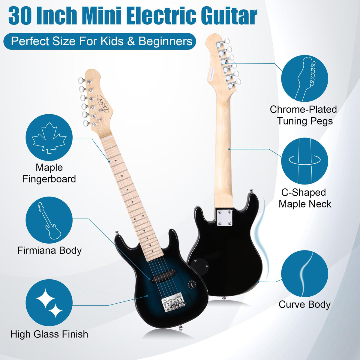 30 inch Kids Electric Guitar with 5w Amp, Gig Bag, Strap, Cable, Strings and Picks, Blue U7712