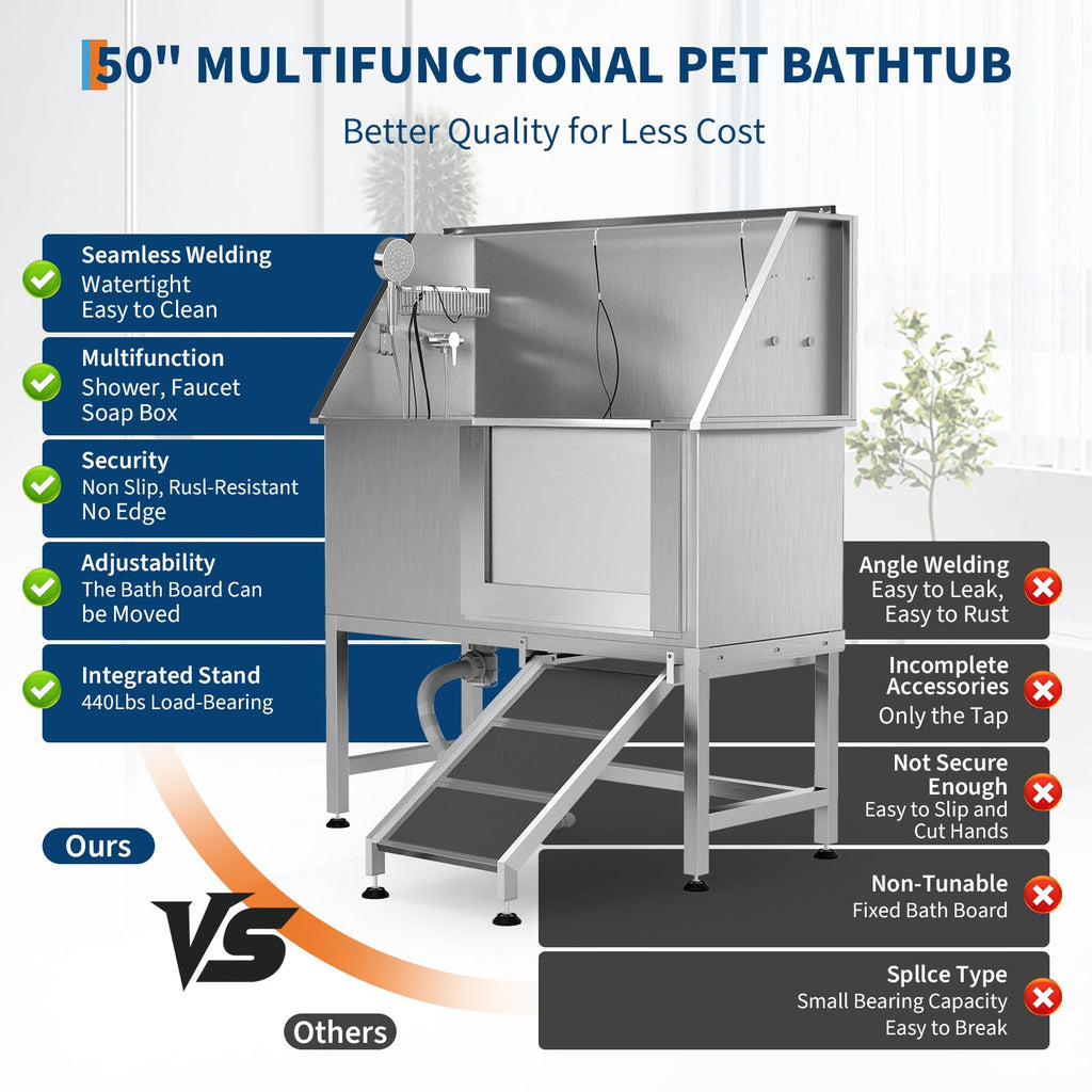 50" Stainless Steel Pet Bathing Tub with Sloped Ramp J456534