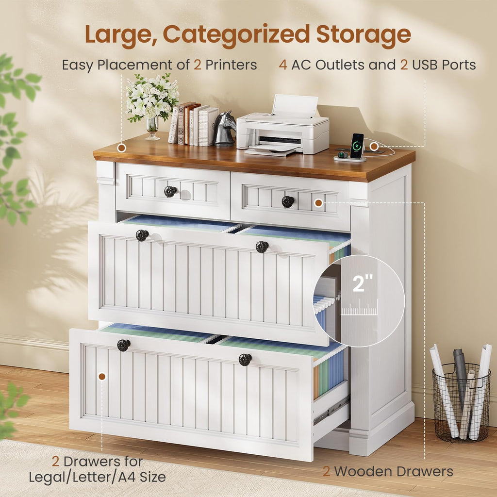 White Brown 4 Drawer Wood File Cabinet with Power Outlets Y529889