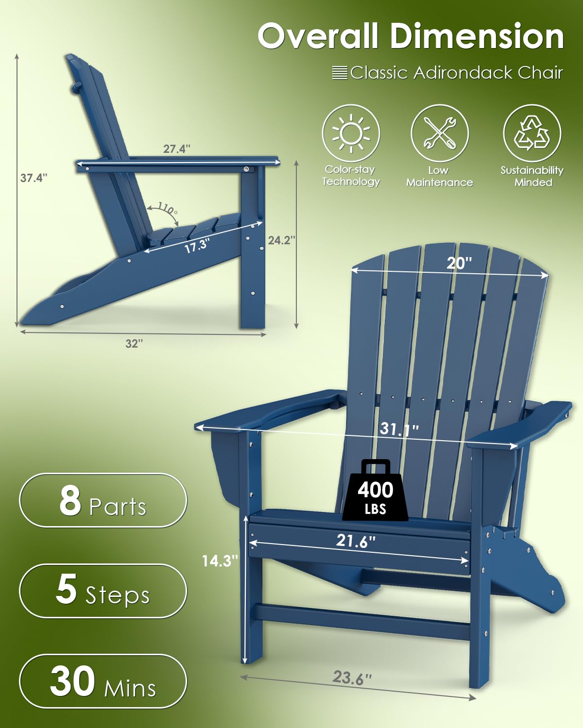 Oversized Adirondack Chairs Set of 2 HDPE All Weather Blue V338520
