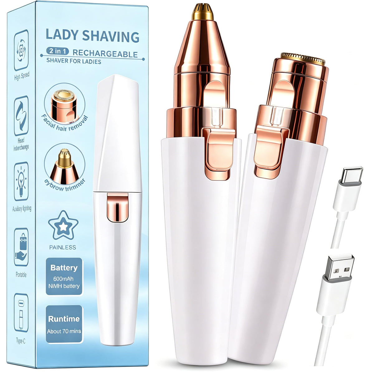 2 in 1 Electric Facial Hair Removal with LED Light A76716
