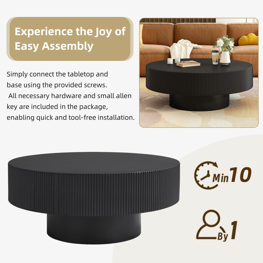 Round Coffee Table, 31.5" Fluted Pedestal Wood Table, Black R1118