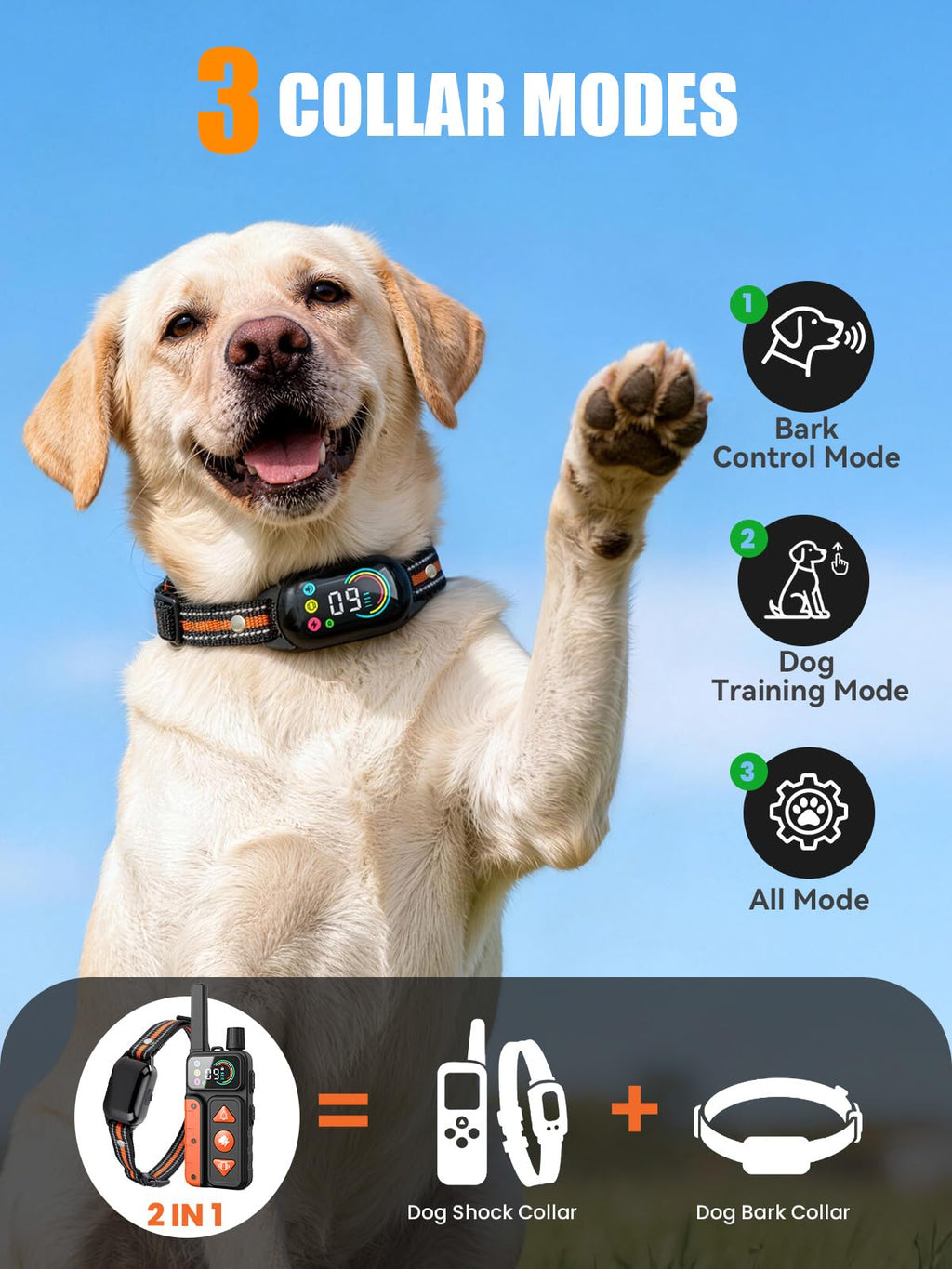 2-in-1 Dog Bark Collar & Shock Collar, IPX7 Waterproof E Collars with AI Anti-Bark/Beep/Vibration/Shock/no Shock for Small Medium Large Dog(5-120Lbs), Dog Training Collar with 3300FT Remote W517