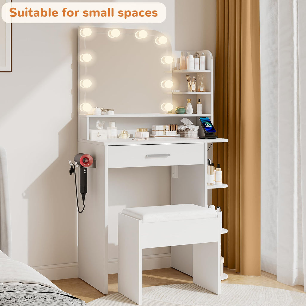 White Small Vanity Set with Chair, Mirror & Lights X1683