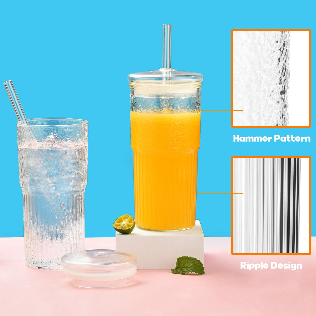 22 oz High Borosilicate Clear Glass Cups with Lids and Straws, Pack of 2 X189