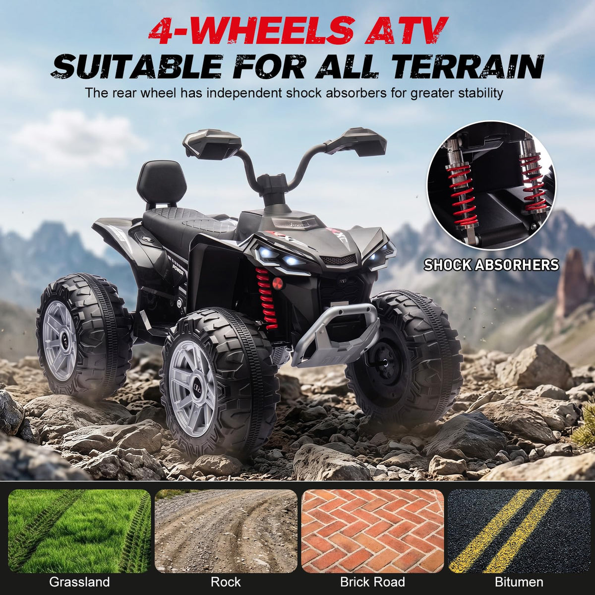 24V 2 Seater Kids ATV with LED Lights and Music, Black N42197