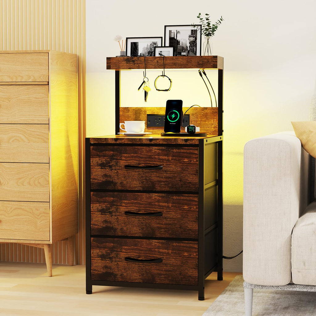 LED Nightstand with Charging Station 3 Fabric Drawers L283346