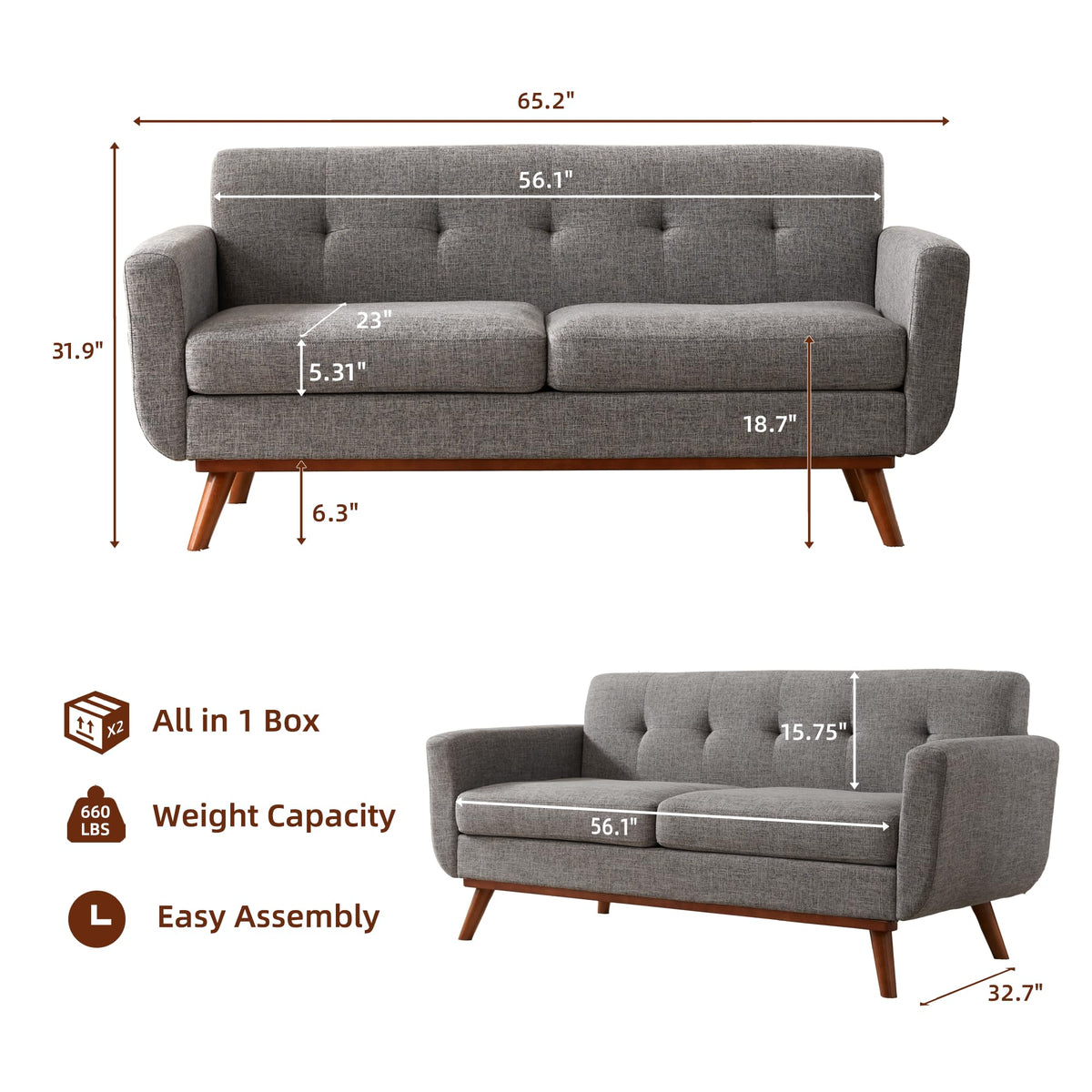 65.2" W Grey Button Tufted Loveseat Sofa V80733