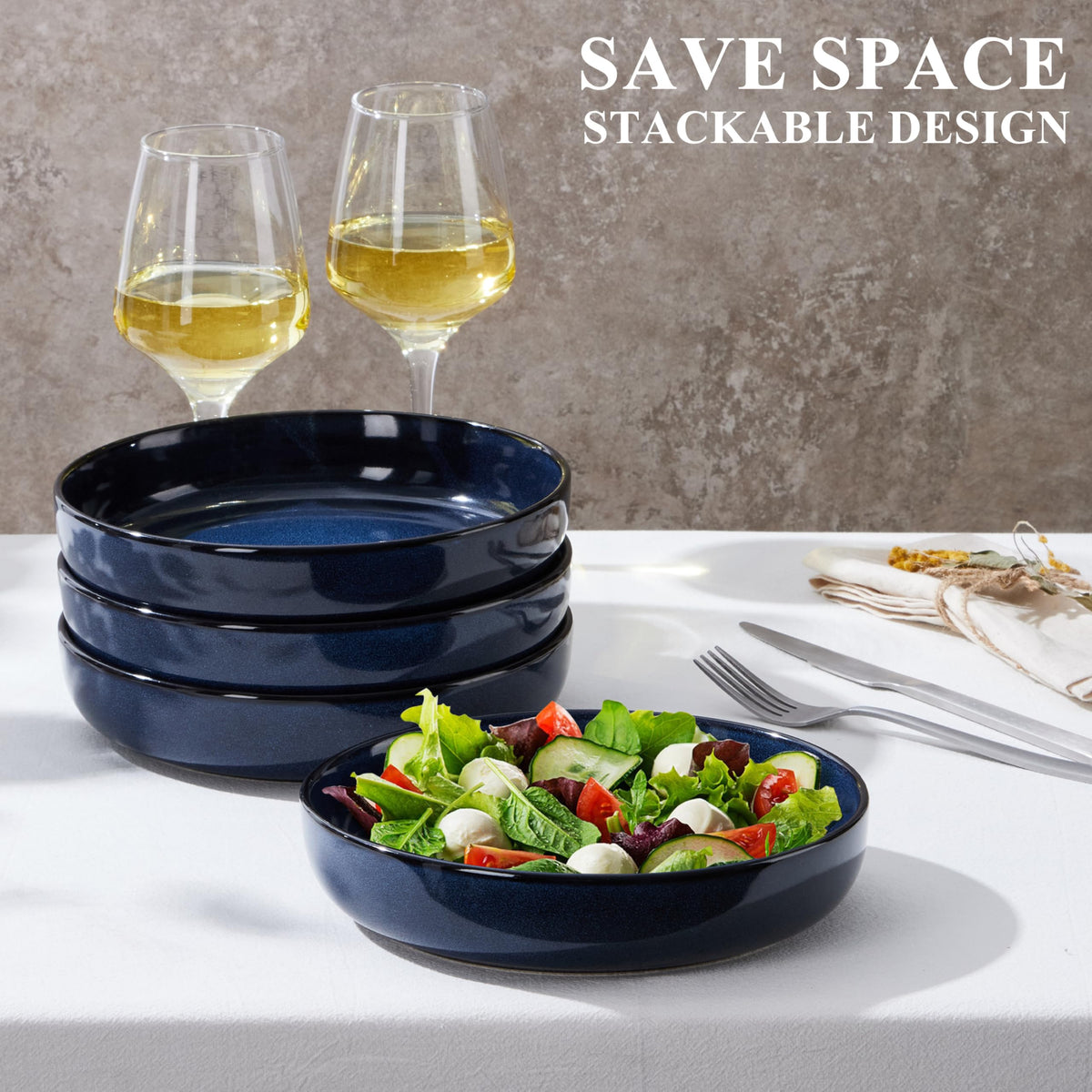 Blue Stoneware Pasta Bowls Set of 4 V316144