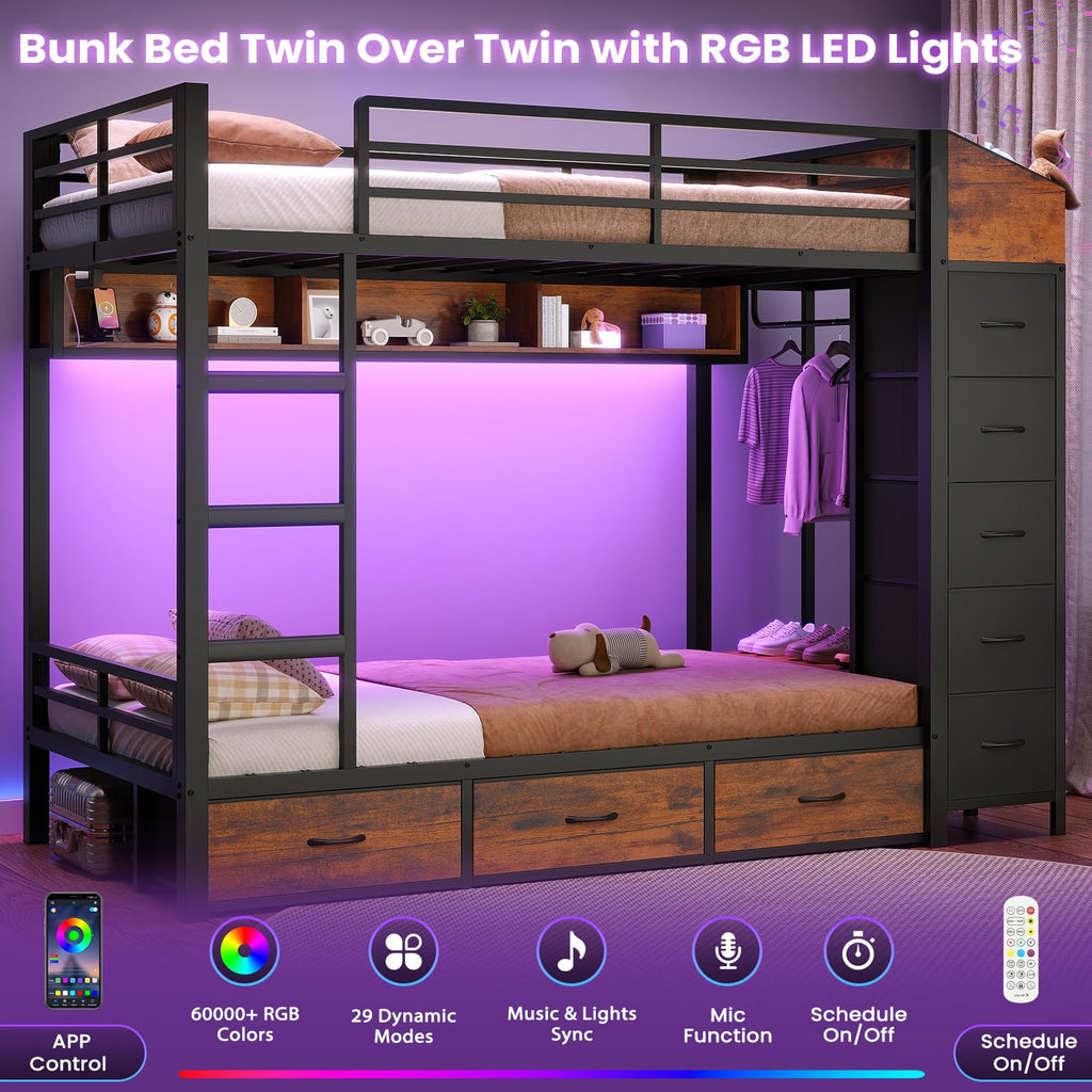Twin Over Twin Bunk Bed with 8 Storage Drawers and Power Outlets, LED Metal Bunk Bed with Ladder, Black I802210